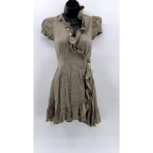 SUNDAY BEST Women's Light Brown Wrap Short Sleeve Ruffle Dress SZ 2XS